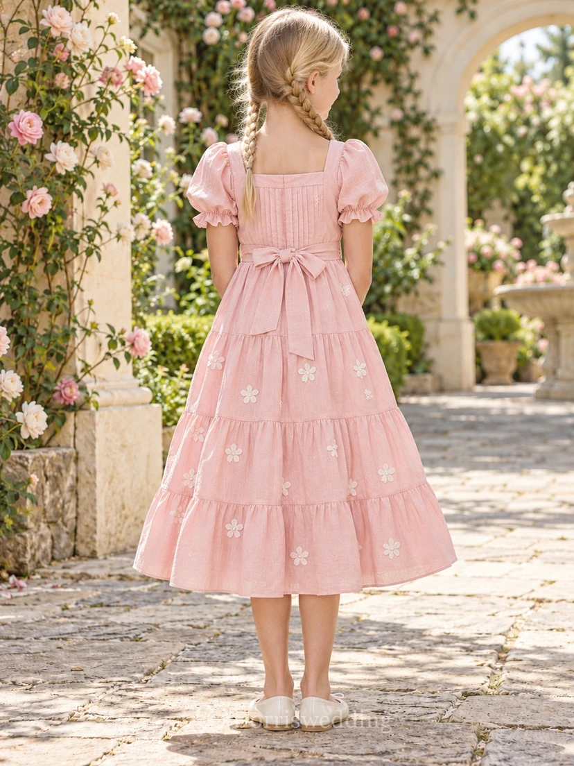 Blushing Pink Square Neck Puff Sleeve Tiered Flower Girl Dress view 2