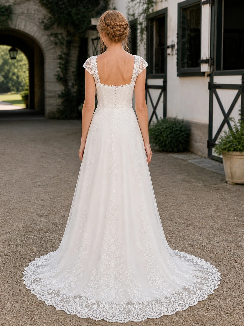 Vestido de novia modesto de manga corta, corte A, escote cuadrado, encaje floral y cola de capilla. view 2