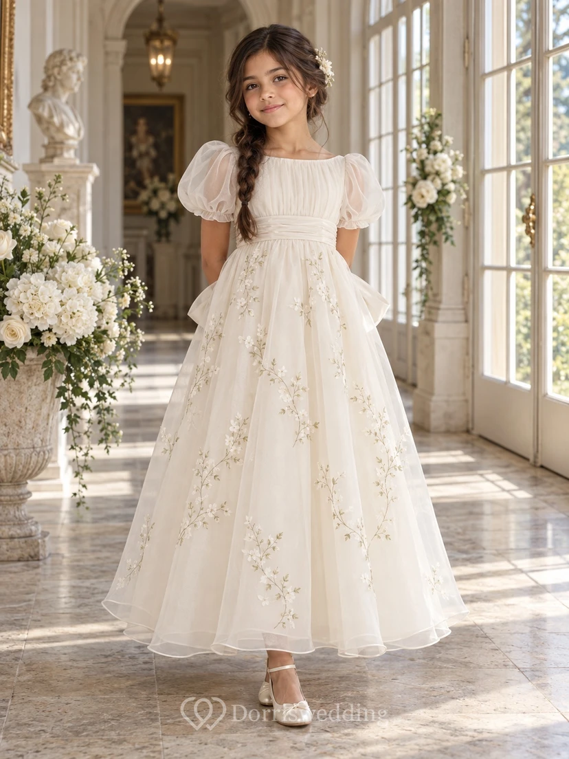 Square Neck Ivory A-line Lace Tulle Ankle-length Puff-sleeve Ruched Flower Girl Dress