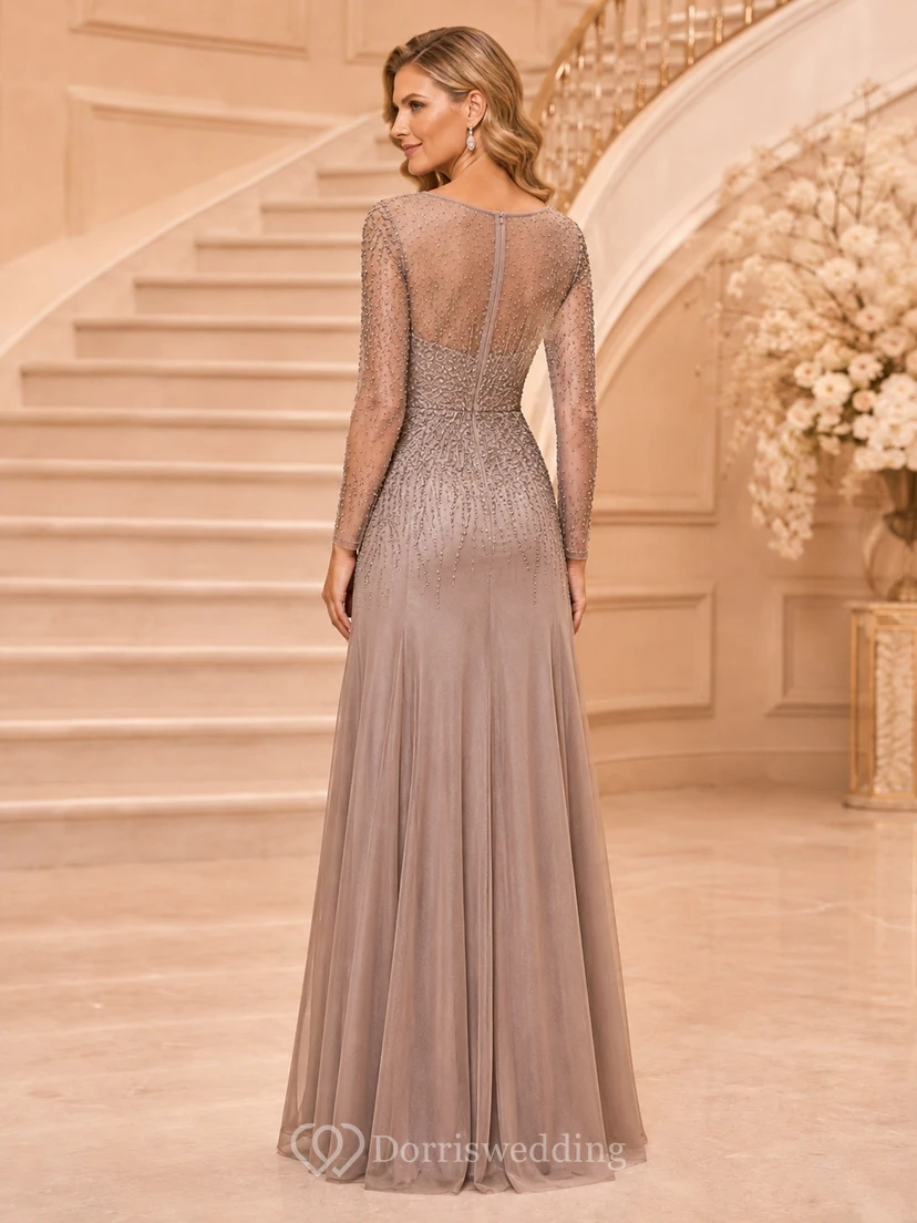 Taupe Lace Jewel Neck Long Sleeve Mermaid Sweep Train Formal Dress view 2