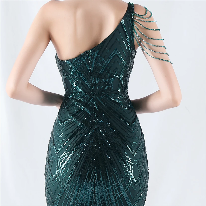 Positioning Flower Beaded Craft Beaded One-Shoulder Oblique Collar High Slit Evening Dress view 37