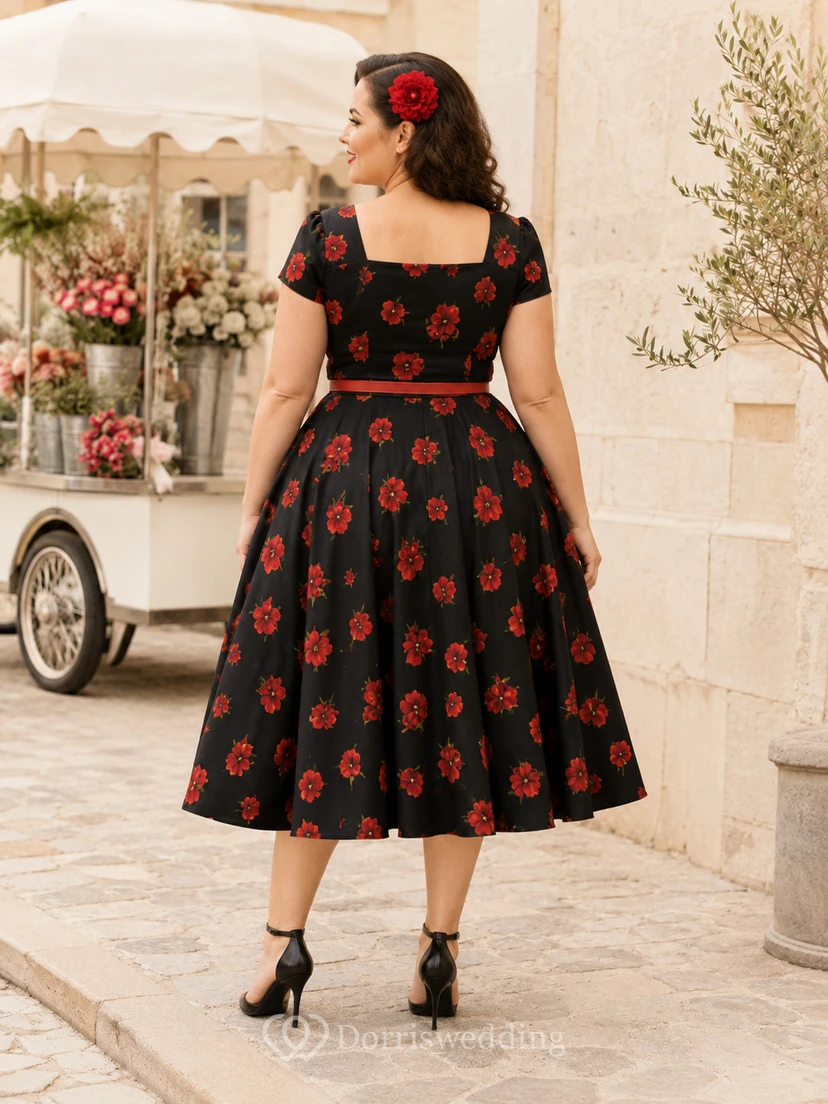 Robe de bal longue à fleurs noires et rouges, grande taille, col carré, manches courtes, style vintage. view 2