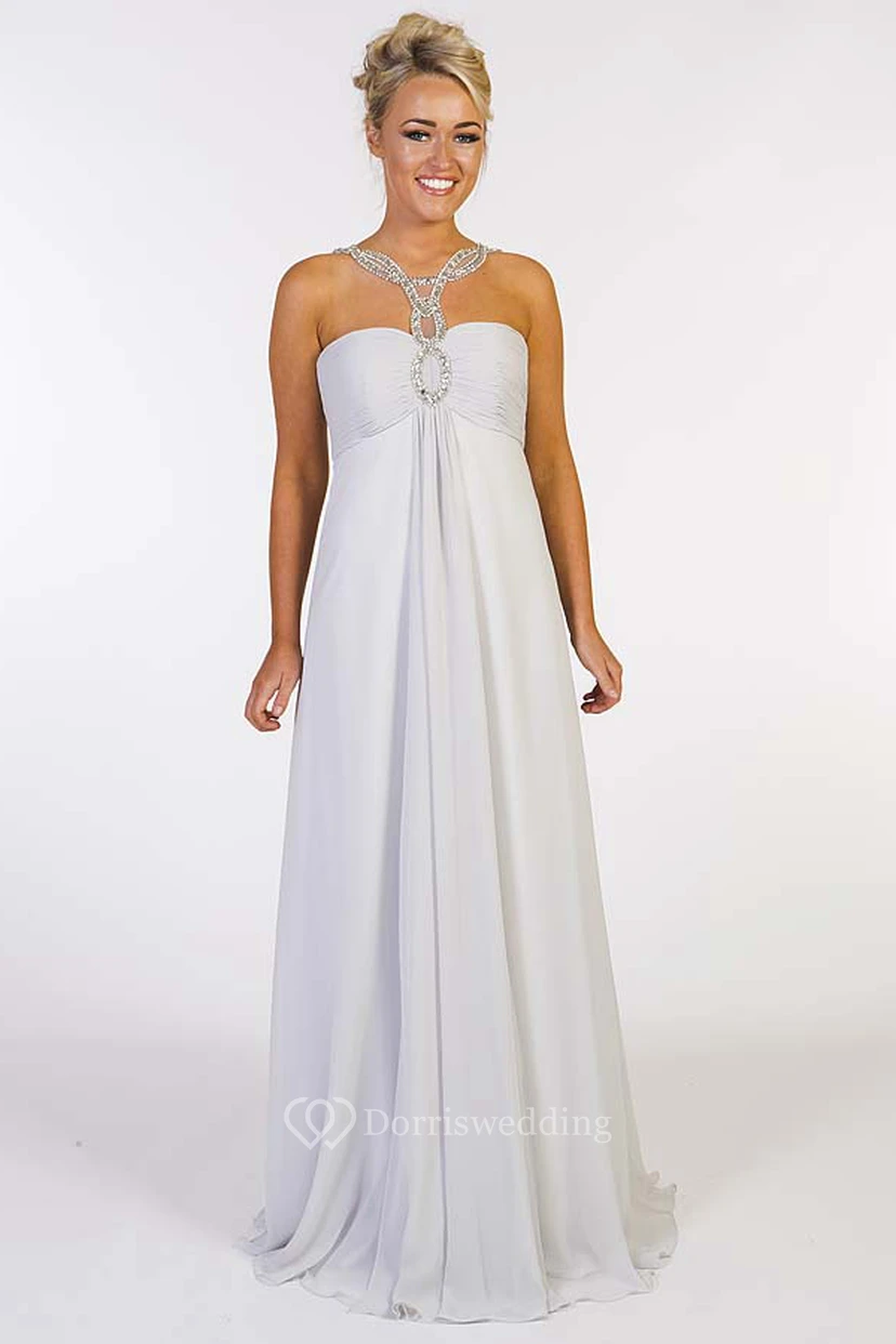 A-Line Beaded Empire Floor-Length Sleeveless Sweetheart Chiffon Prom Dress With Zipper Back And Ruching
