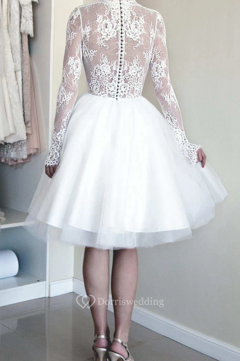 Ball Gown Short Mini Illusion Sleeve Tulle Satin Taffeta Lace Wedding Dress view 2