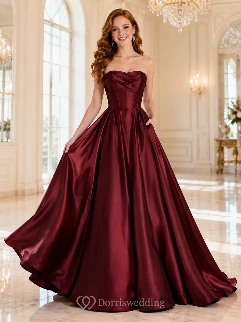 Burgundy Simple Strapless Draped Satin Pockets Luxury Sweet Sixteen Formal Ball Gown