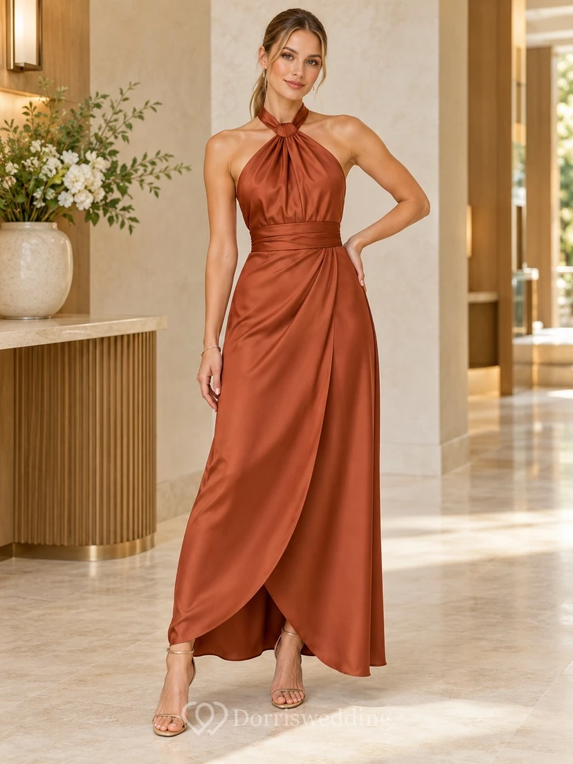 Rust Twisted Halter Satin Wrapped Ankle-length Wedding Guest Dress