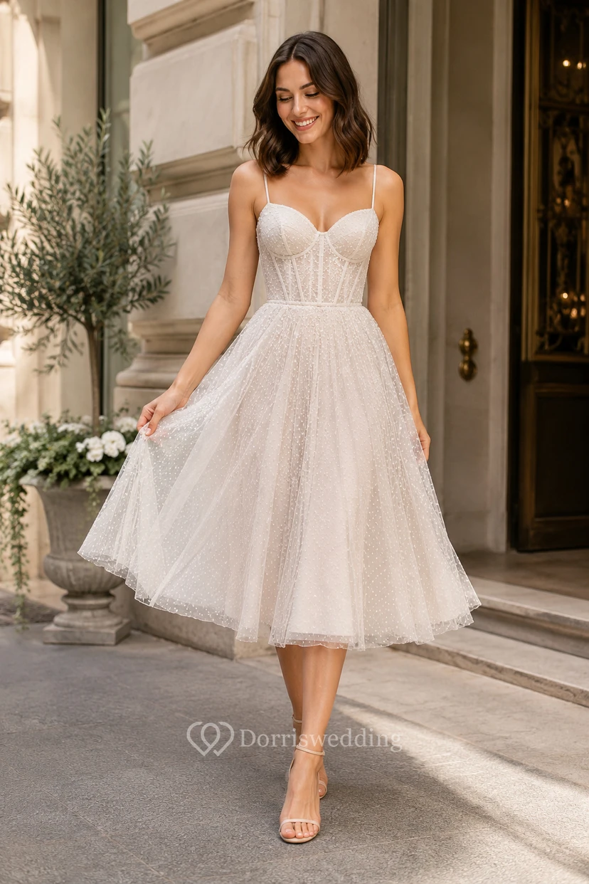 Robe de mariée en tulle longueur thé à fines bretelles et corsage plissé