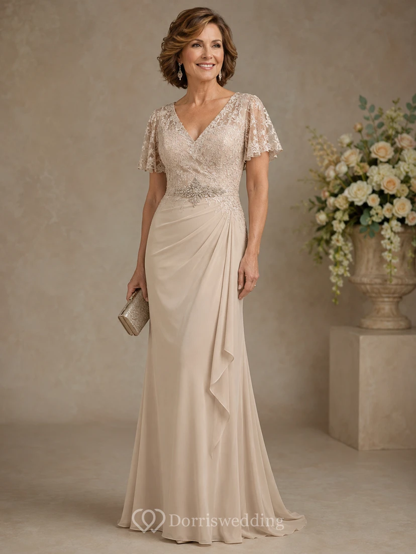 Sheath V-Neck Short Sleeve Chiffon Mother Dress with Lace