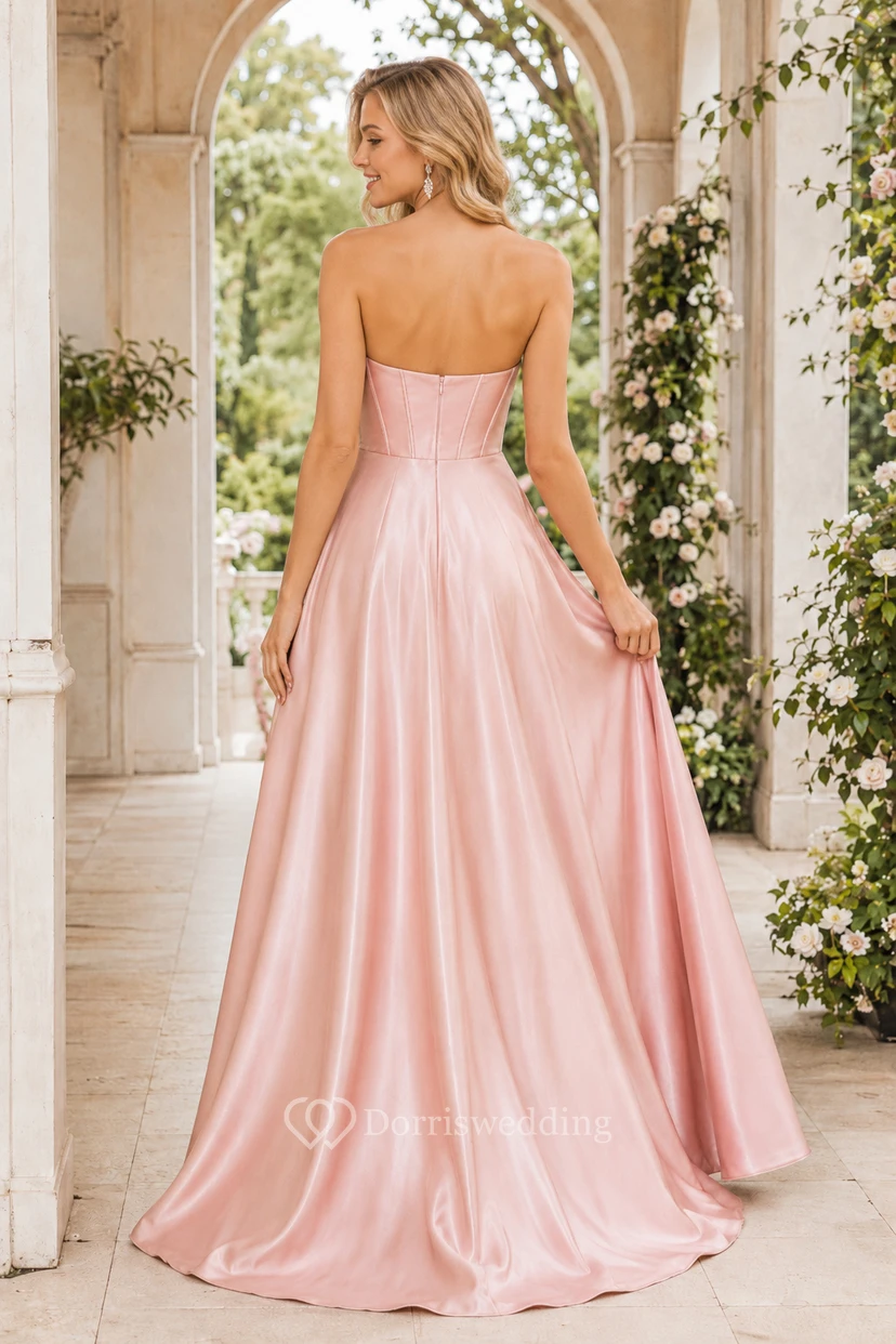 Zartrosa A-Linien-Abendkleid aus Satin mit trägerlosem, herzförmigem Oberteil view 2