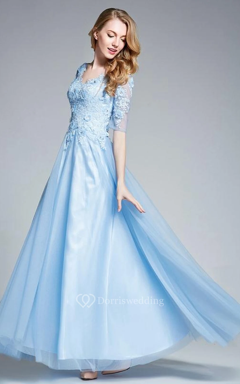 A-Line V-Neck Half Sleeves Appliques Beading Prom Dress view 3