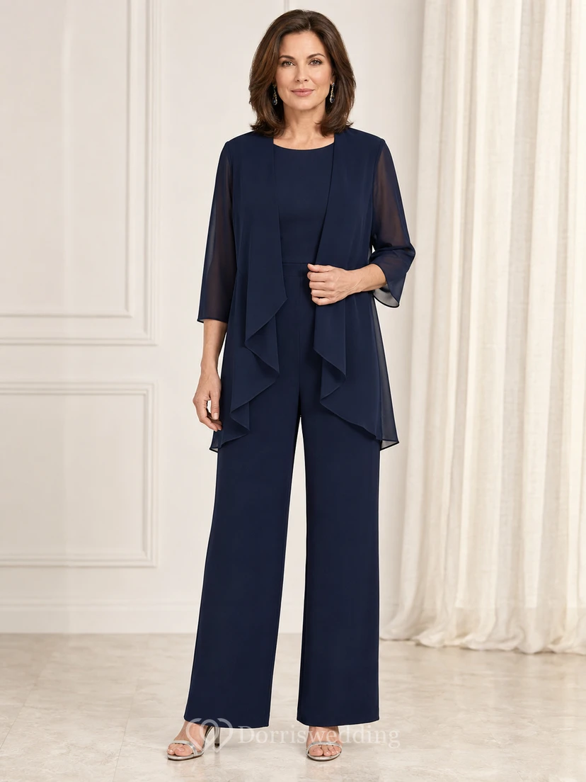 Conjunto de pantalón azul marino oscuro para madre, con chaqueta de gasa de manga transparente y pantalón de pierna ancha.