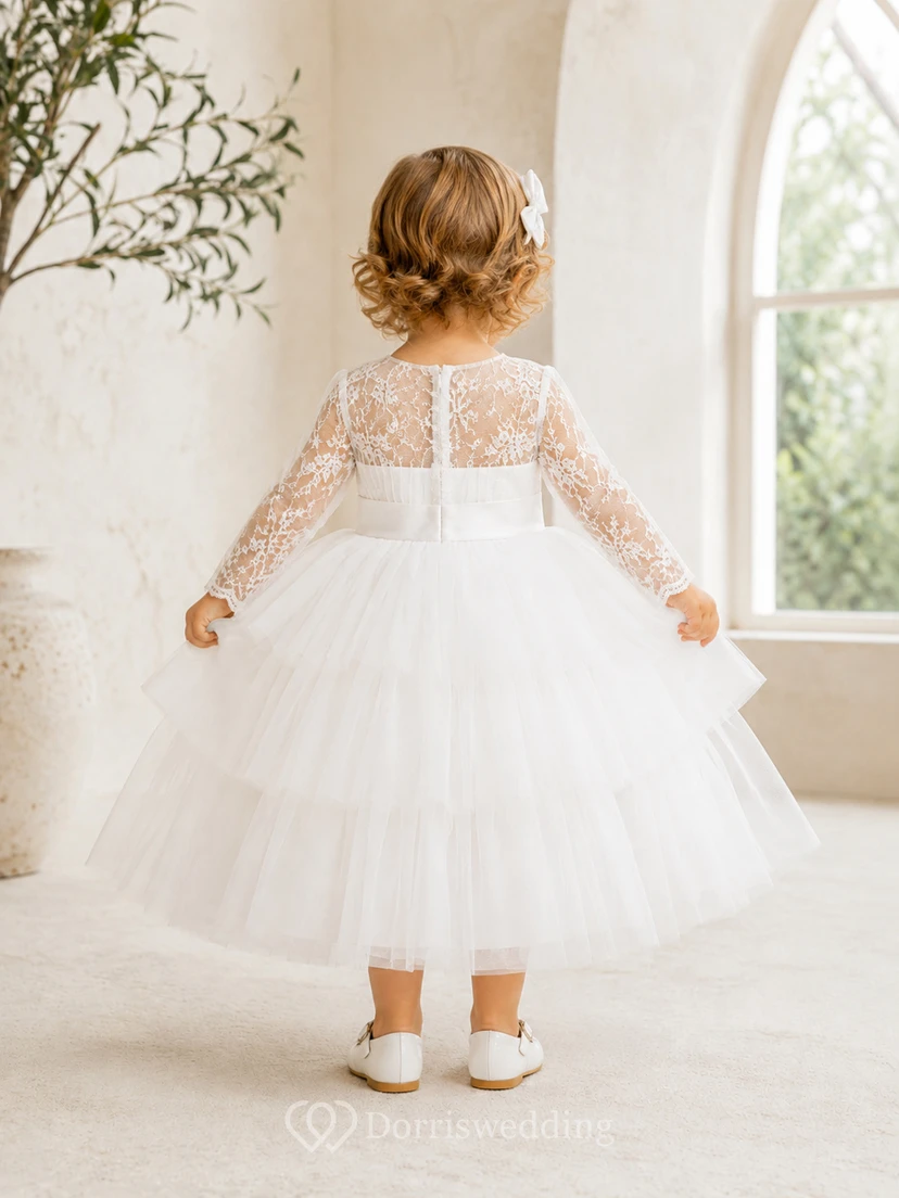 Layered Tulle Baby Baptism A-Line Long Lace Sleeve Tea-Length Dress Modest view 2