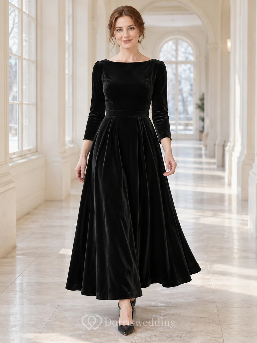 Vestido de dama de honor de terciopelo negro con escote barco, mangas tres cuartos y largo hasta los tobillos