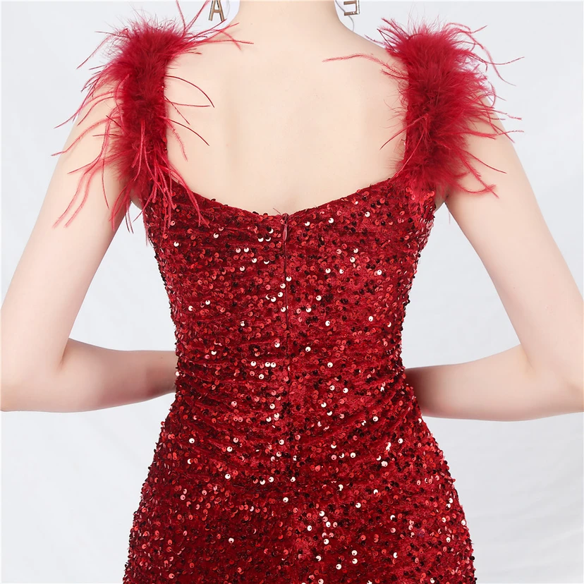 Craft Ostrich Feather Handmade Velvet Bottom Sequined Short Evening Dress Short Skirt view 7