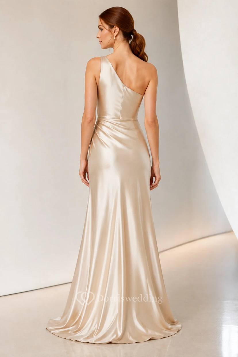 Evening Gown Champagne Satin Sheath One Shoulder Sleeveless with Slit Floor Length view 2
