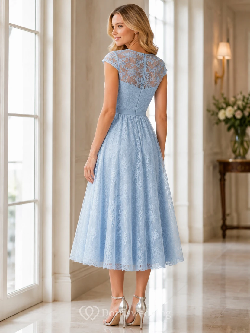 Sky Blue Bateau Lace Tea Length Cocktail Dress view 2