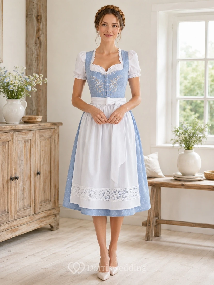 Vintage blau-weißes Dirndlkleid aus Baumwolle mit eckigem Ausschnitt, kurzen Ärmeln und Teelänge