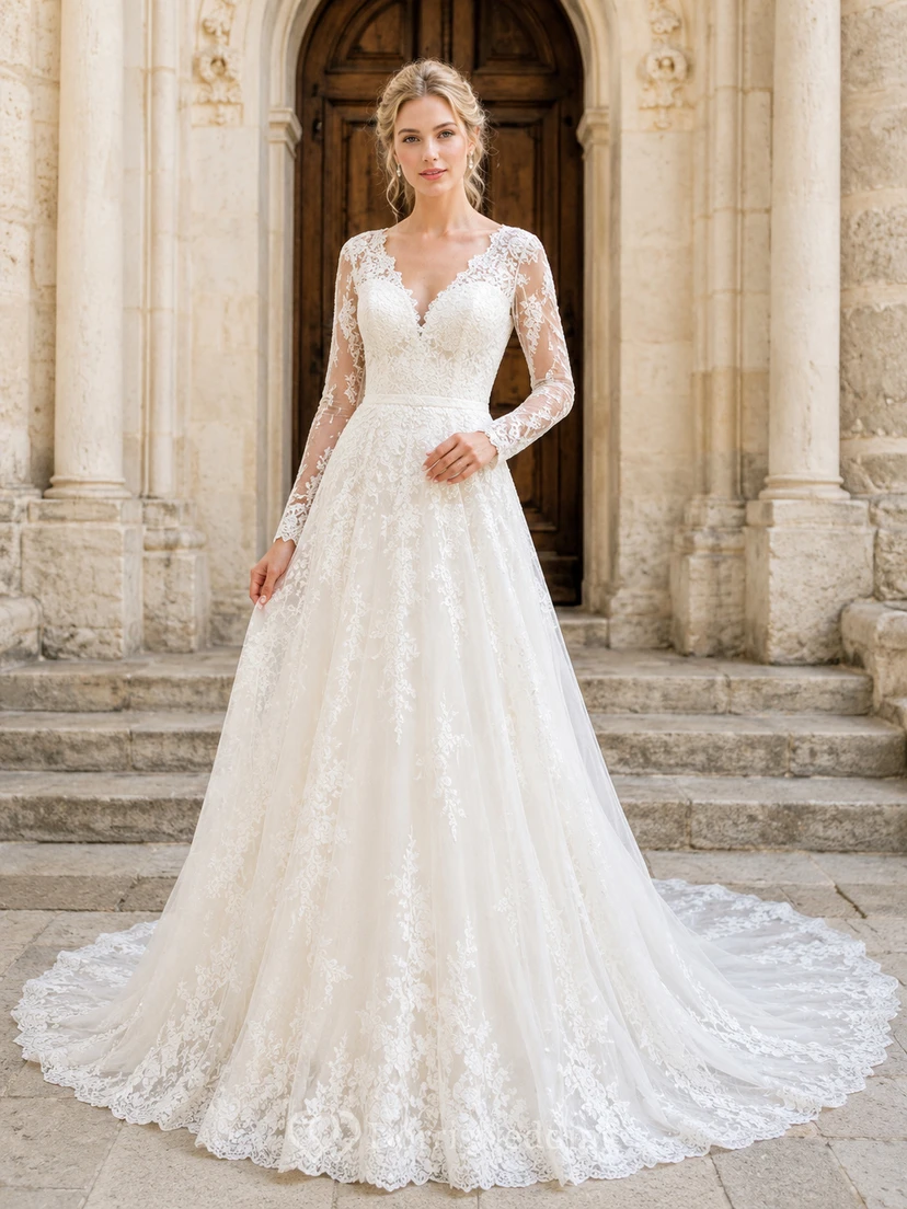 Long Sleeve Lace A-Line Chapel Classic Wedding Dress
