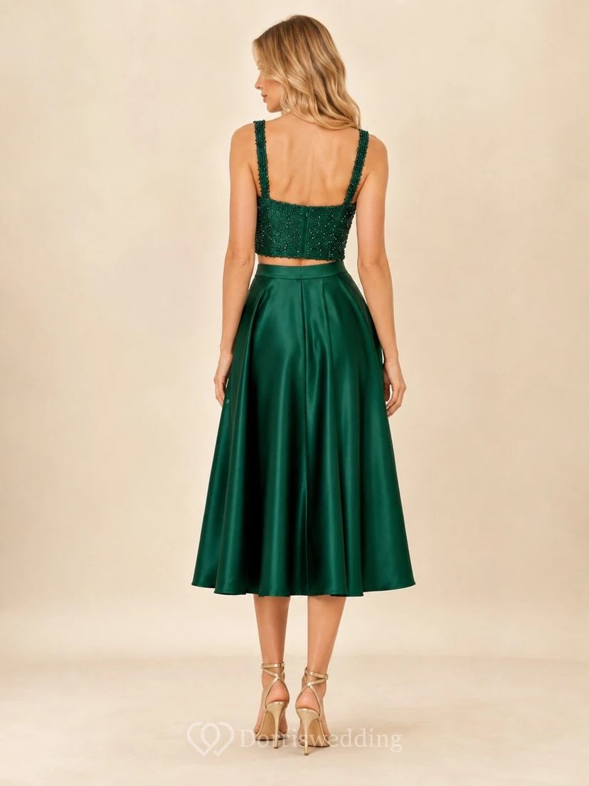 Emerald Two Piece Homecoming Set with Beaded Crop Bodice Strappy Neckline Satin Midi Skirt and A-Line Shape view 2