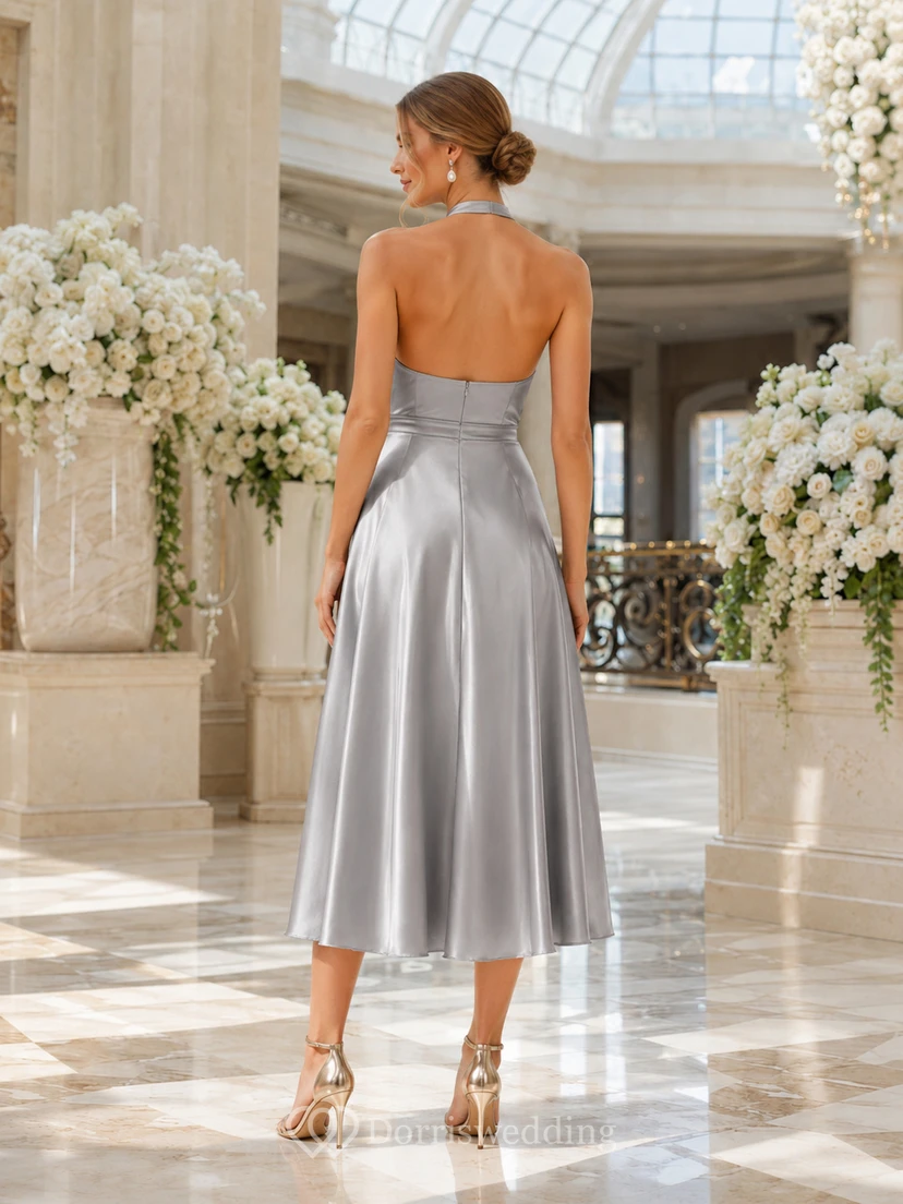 Silver Halter Neck Backless Satin A Line Tea Guest Dress view 2