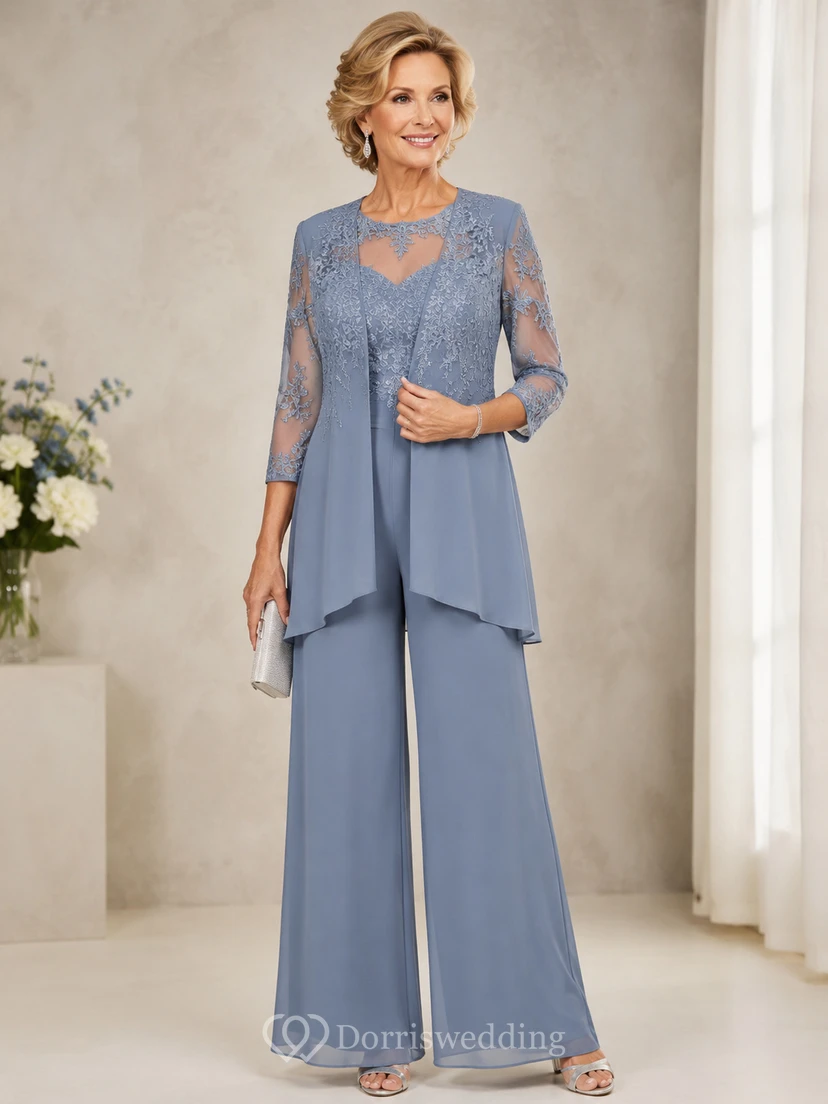 Steel Blue Lace Jacket Mother Pantsuit Steel Blue Scoop Jewel Jumpsuit Ankle-length