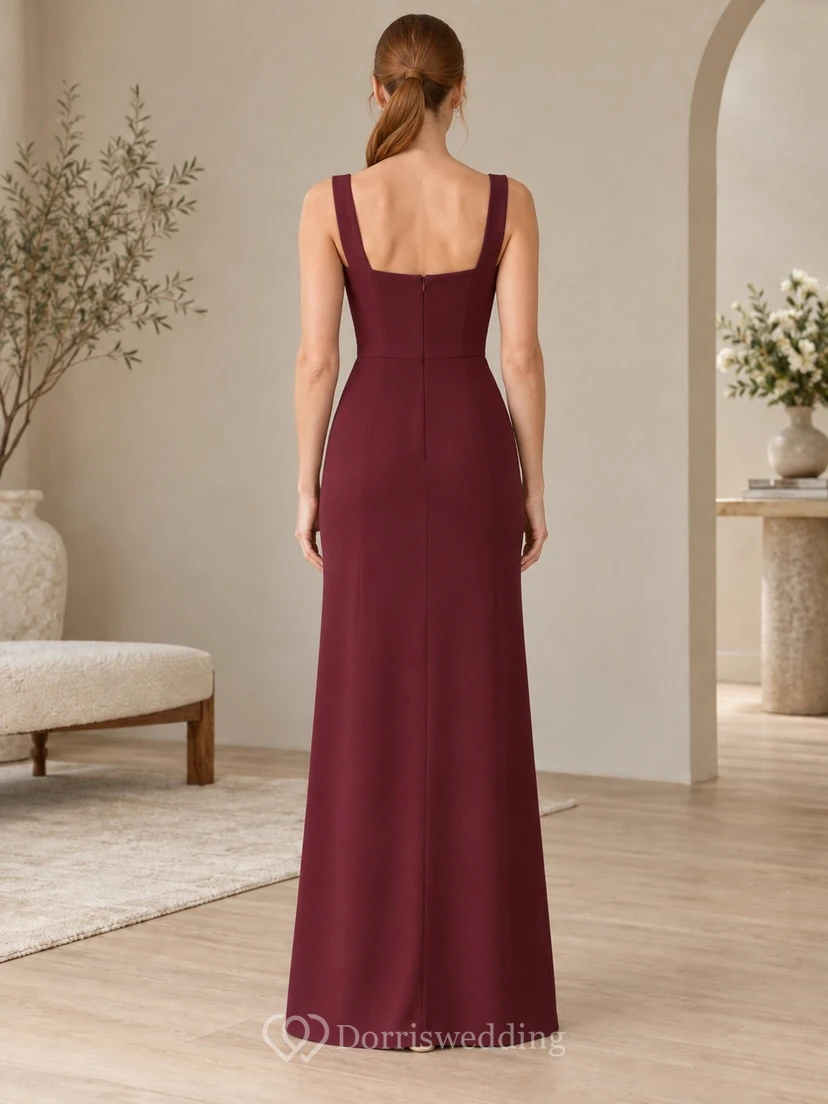 Burgundy Square-Neck Sleeveless Side-Slit Floor-Length Sheath Bridesmaid Dress view 2