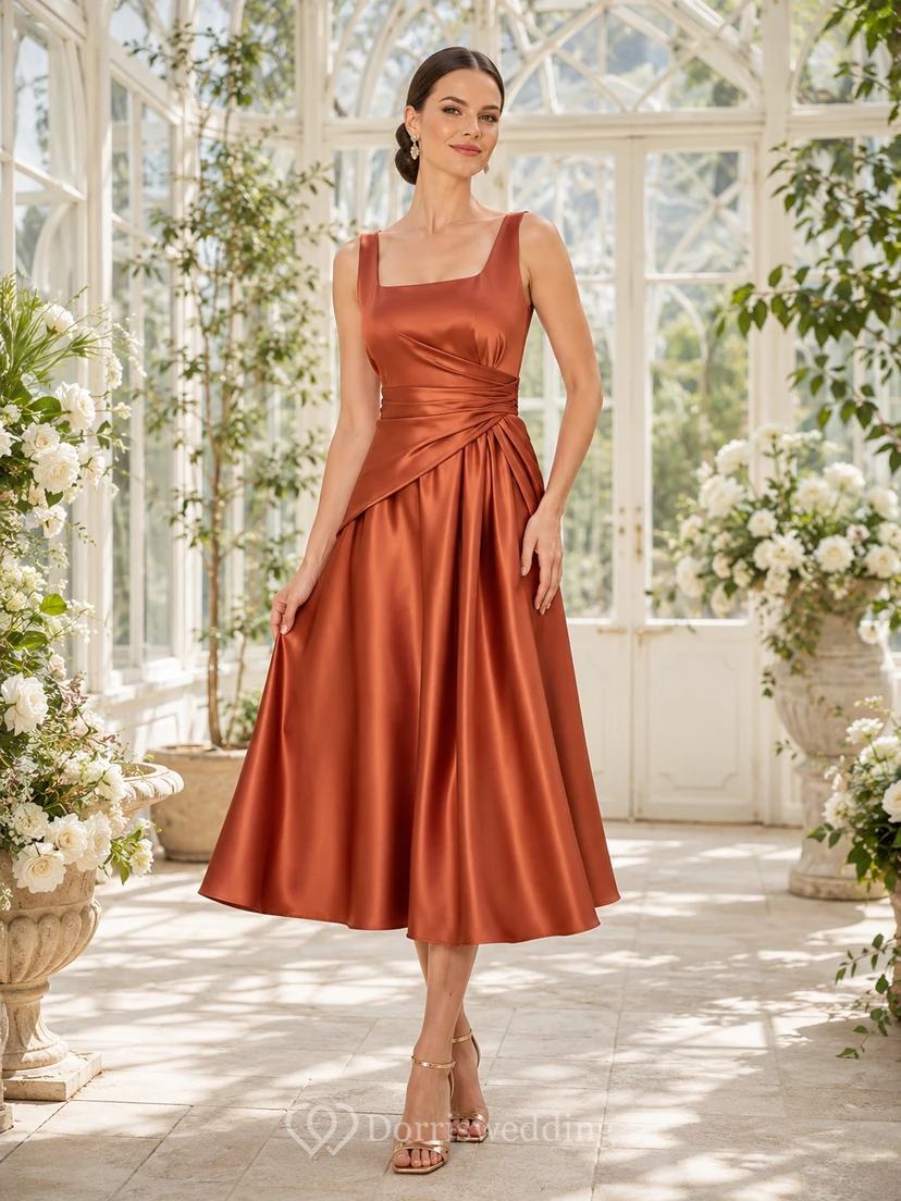 Terracotta Square Neck Draped Satin A Line Midi Guest Dress