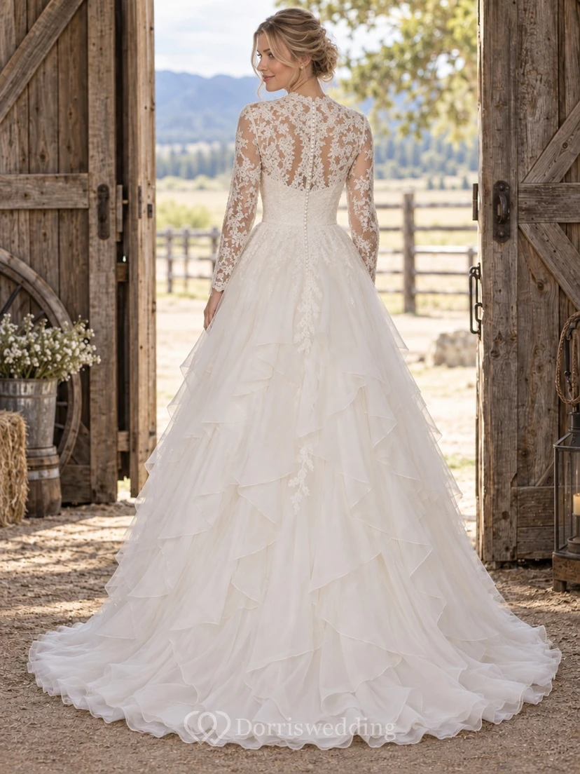 Ländlich-boho Brautkleid in A-Linie mit herzförmigem Herzausschnitt, langärmeligem Spitzenbolero und fließenden Organza-Lagen view 2
