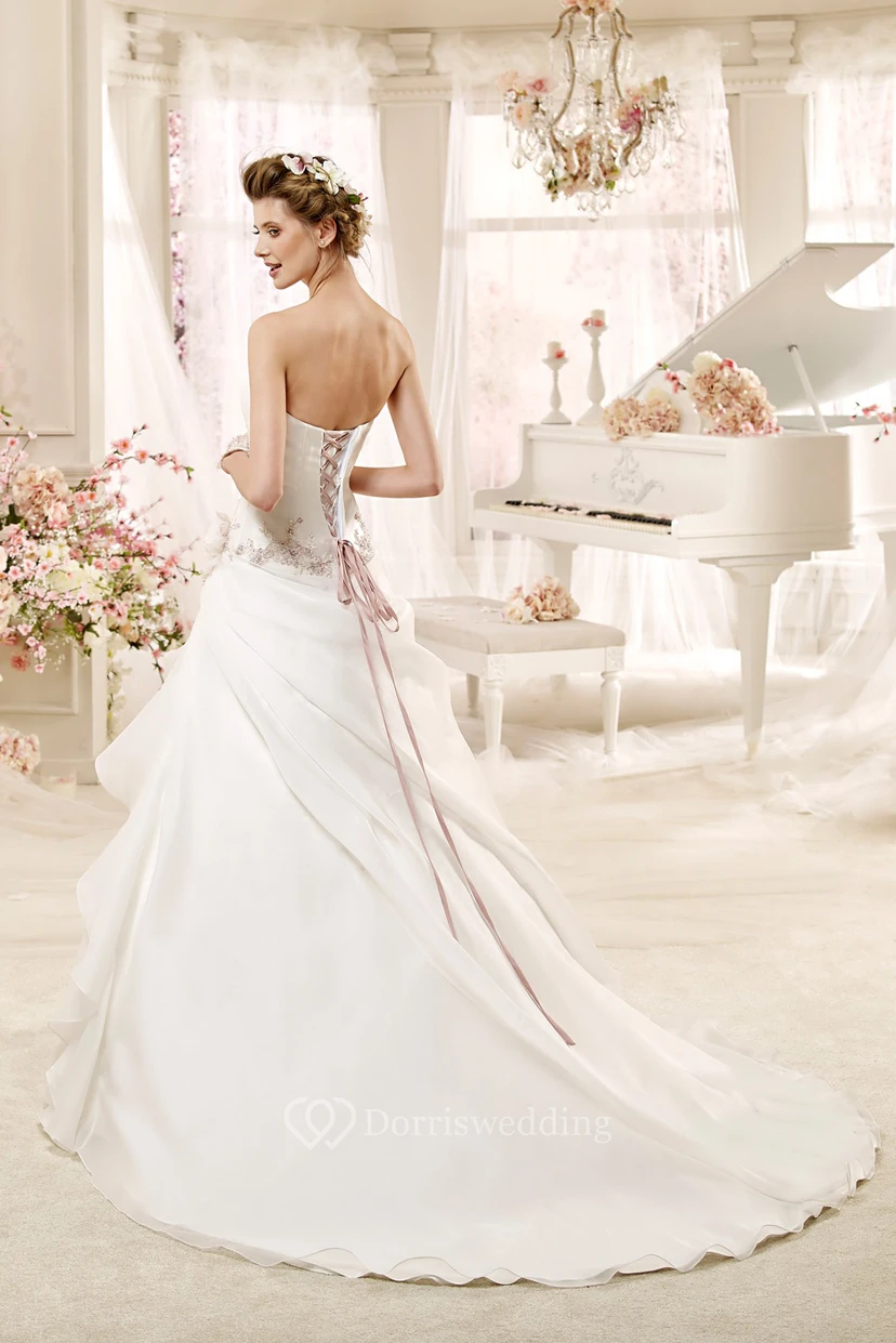 Angel Strapless Beaded A-line Wedding Dress with Asymmetrical Overlayer and Lace-up Back view 2