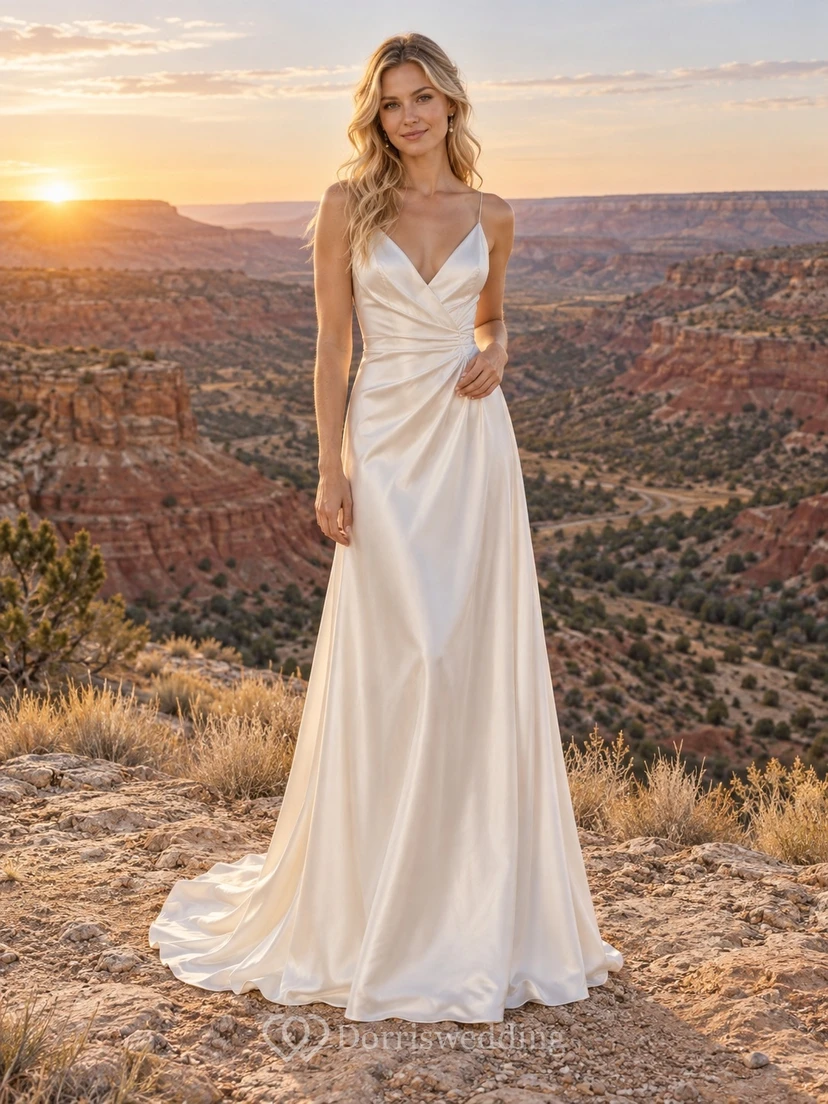 Vestido de novia sencillo de corte A, largo hasta el suelo, con corpiño cruzado, escote en V, sin mangas y drapeado en charmeuse.