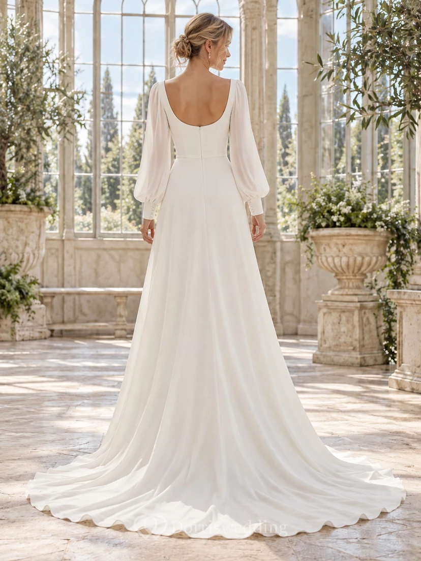Simple Scoop Neck Long Poet Sleeve Chiffon A-Line Wedding Dress view 2