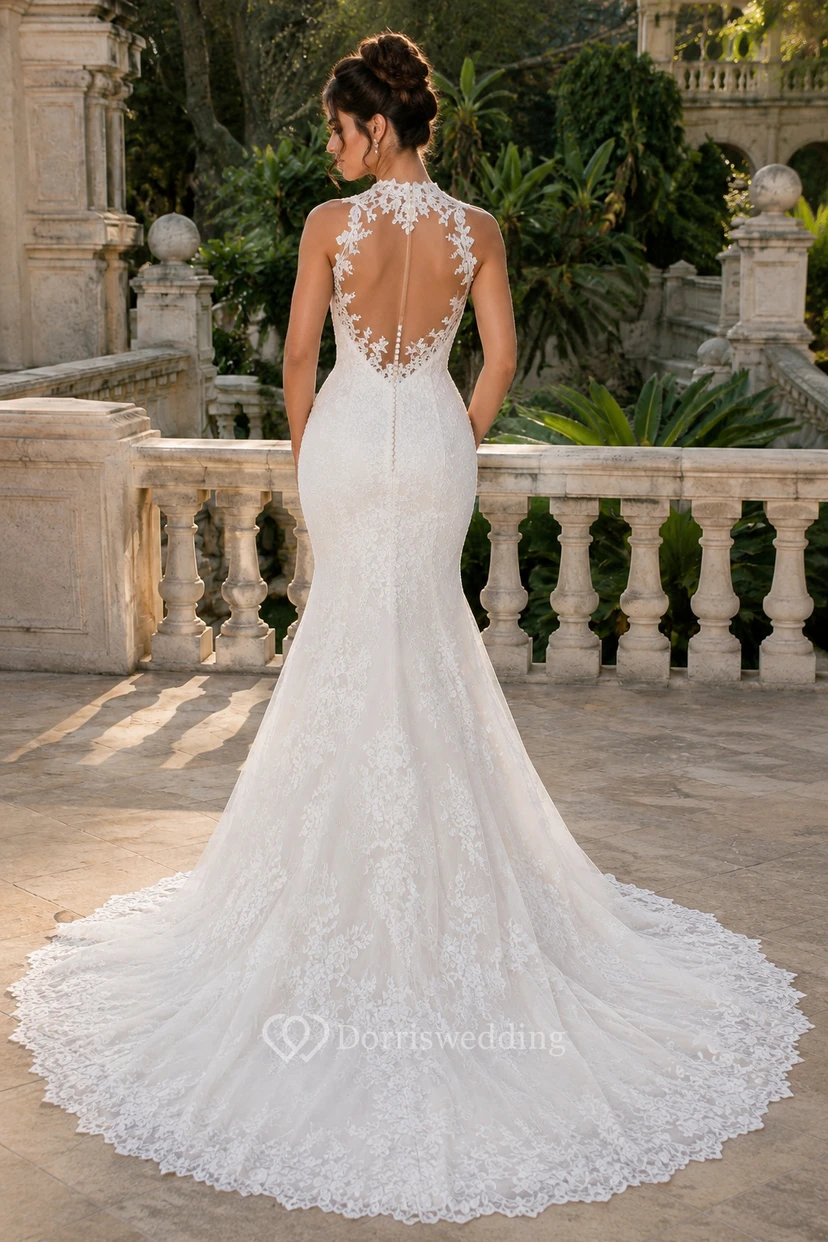 Robe de mariée sirène en dentelle avec col montant, dos nu et traîne view 2