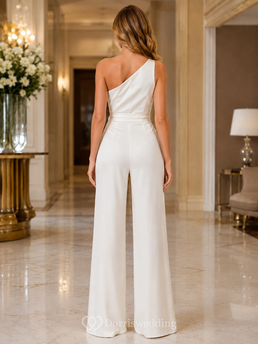 Mono blanco drapeado de un solo hombro, plisado, de crepé, de pierna ancha, con fajín, ideal para ocasiones formales de noche. view 2