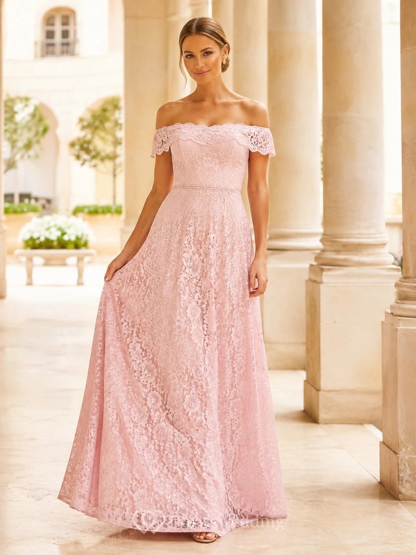 Blush Lace Off Shoulder Short Sleeve Evening Gown