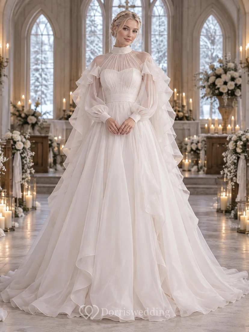 Vestido de novia romántico de corte A con cuello alto, manga larga, plisado y volantes, ideal para invierno.