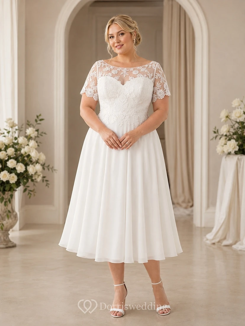 Preisgünstiges, romantisches Brautkleid in Übergröße mit Spitze, Schmucksteinen, kurzen Ärmeln, A-Linien-Schnitt und Teelänge