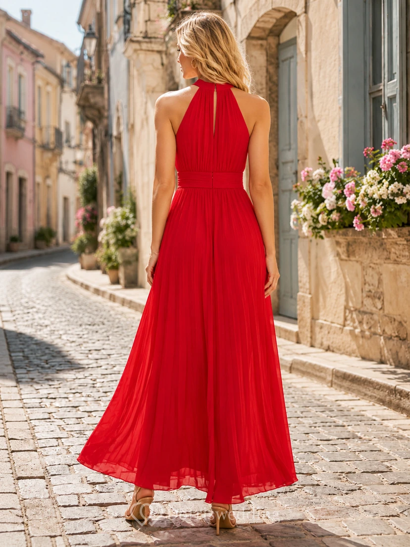 Rotes, plissiertes Chiffon-Maxikleid mit Neckholder, ideal für Reisefotos view 2