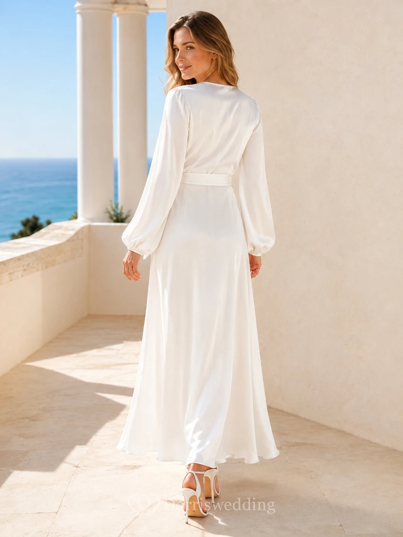 White Boho V-Neck Long-Sleeve Satin A-Line Floor-Length Simple Formal Dress view 2