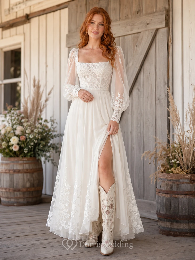 Robe de mariée de maternité à col carré et bretelles en dentelle, style simple, avec traîne.