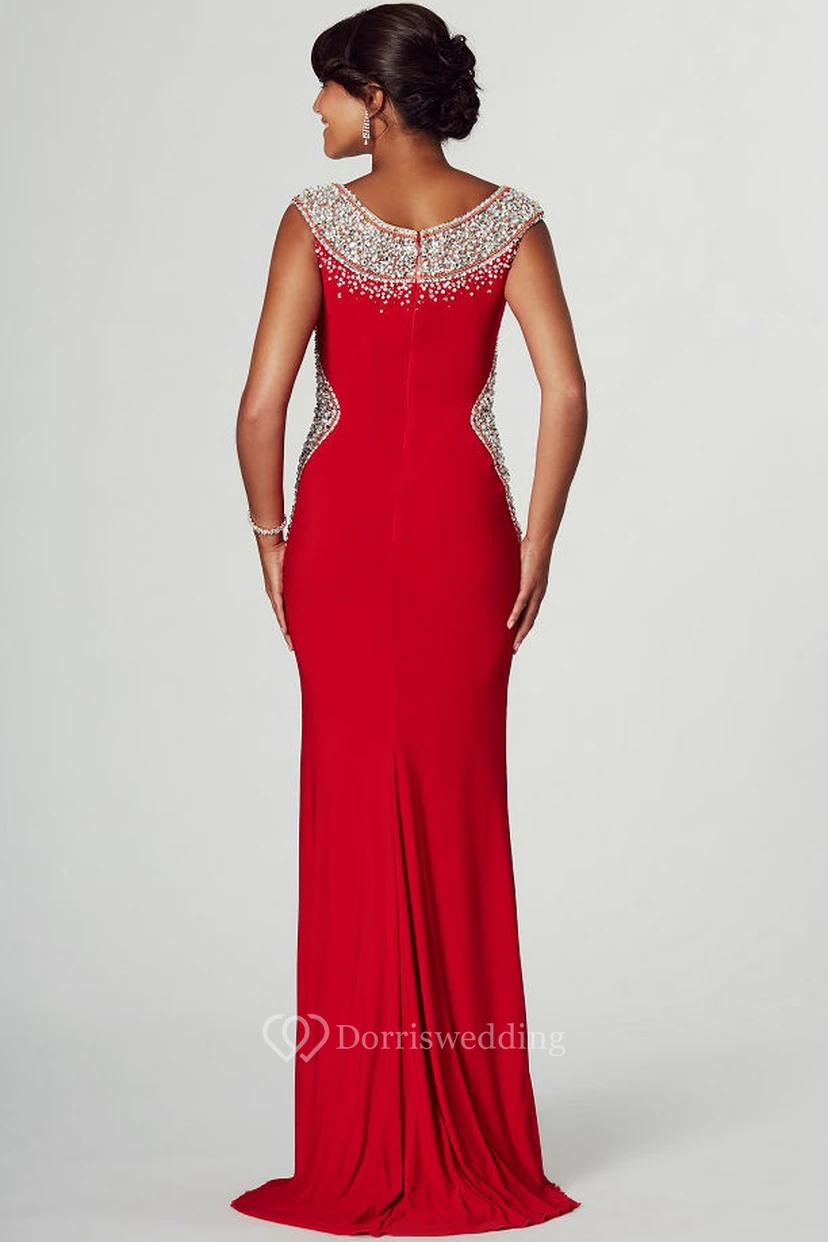 Floor-Length Pencil Sleeveless Scoop Neck Beaded Jersey Prom Dress view 2