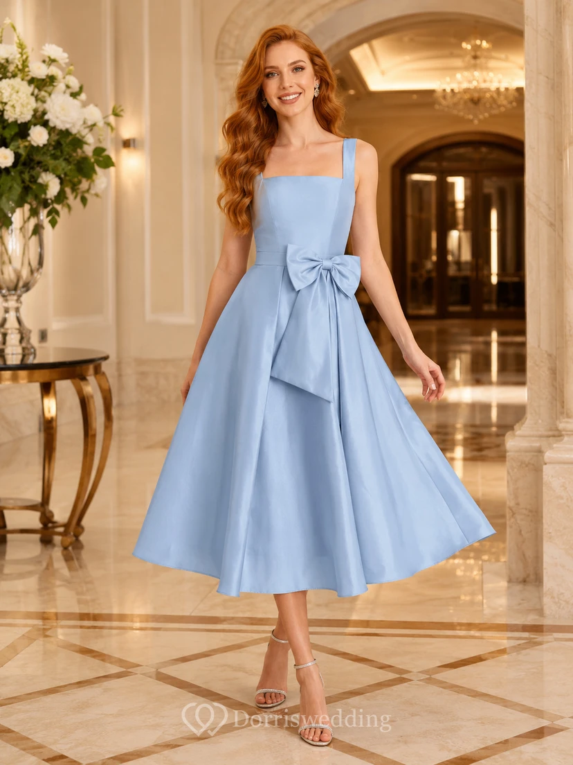 Sky Blue Spaghetti Bow A-Line Cocktail Dress