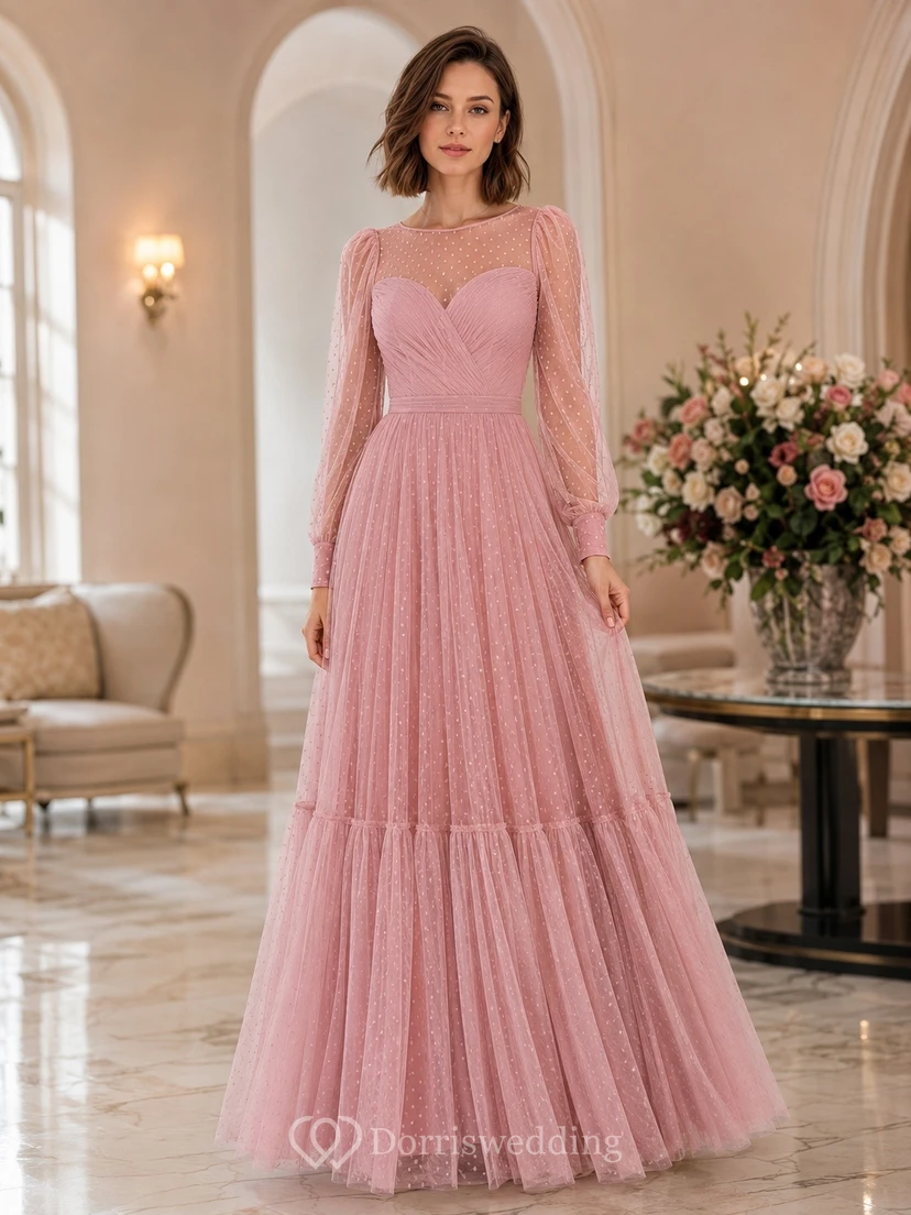 Vestido de noche largo hasta el suelo de tul rosa con escote corazón, mangas largas y volantes