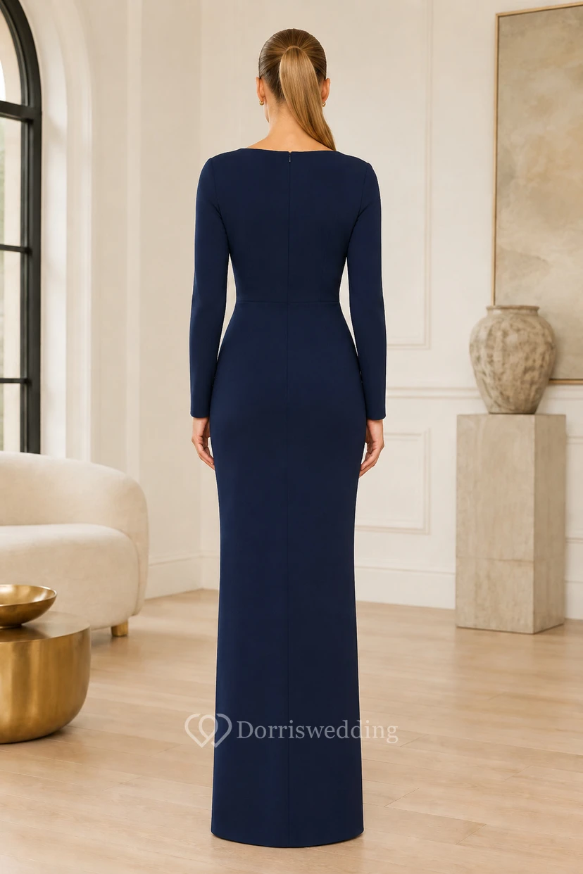 Vestido formal de corte recto azul marino oscuro de manga larga con escote barco y falda minimalista hasta el suelo. view 2