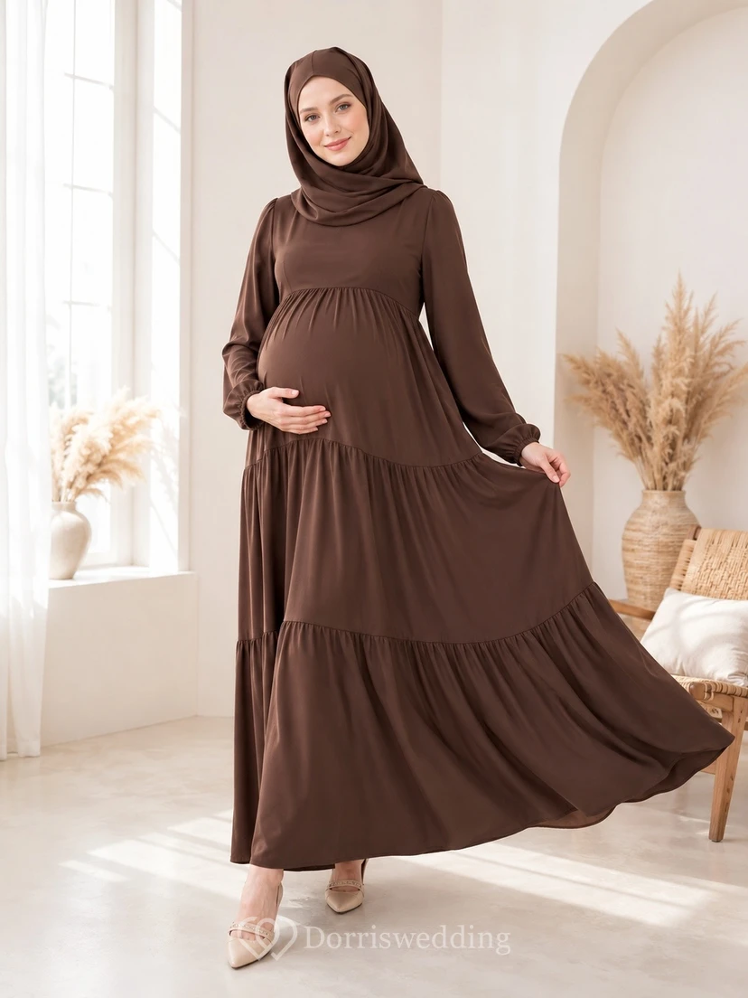 Vestido de maternidad de manga larga, estilo casual y discreto, con volantes y corte imperio, largo hasta los tobillos.