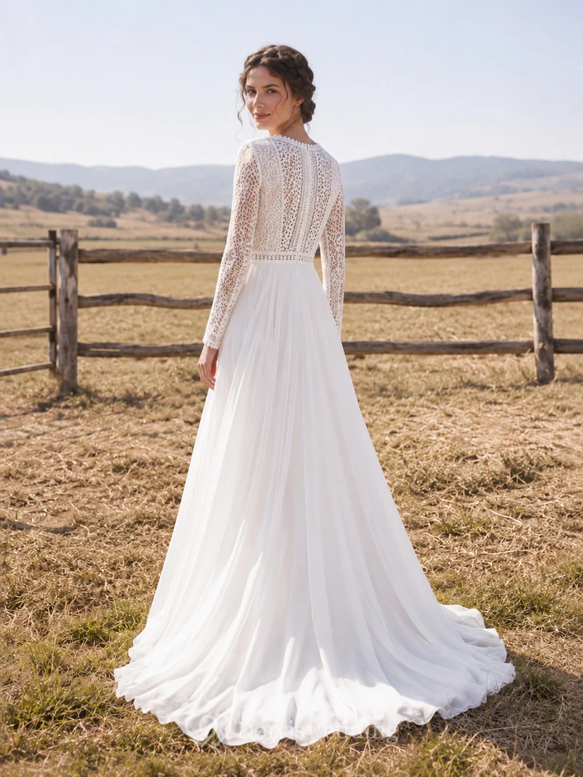 Landhaus-Hochzeitskleid mit langen Ärmeln, Spitzenoberteil und Chiffon-A-Linie view 2