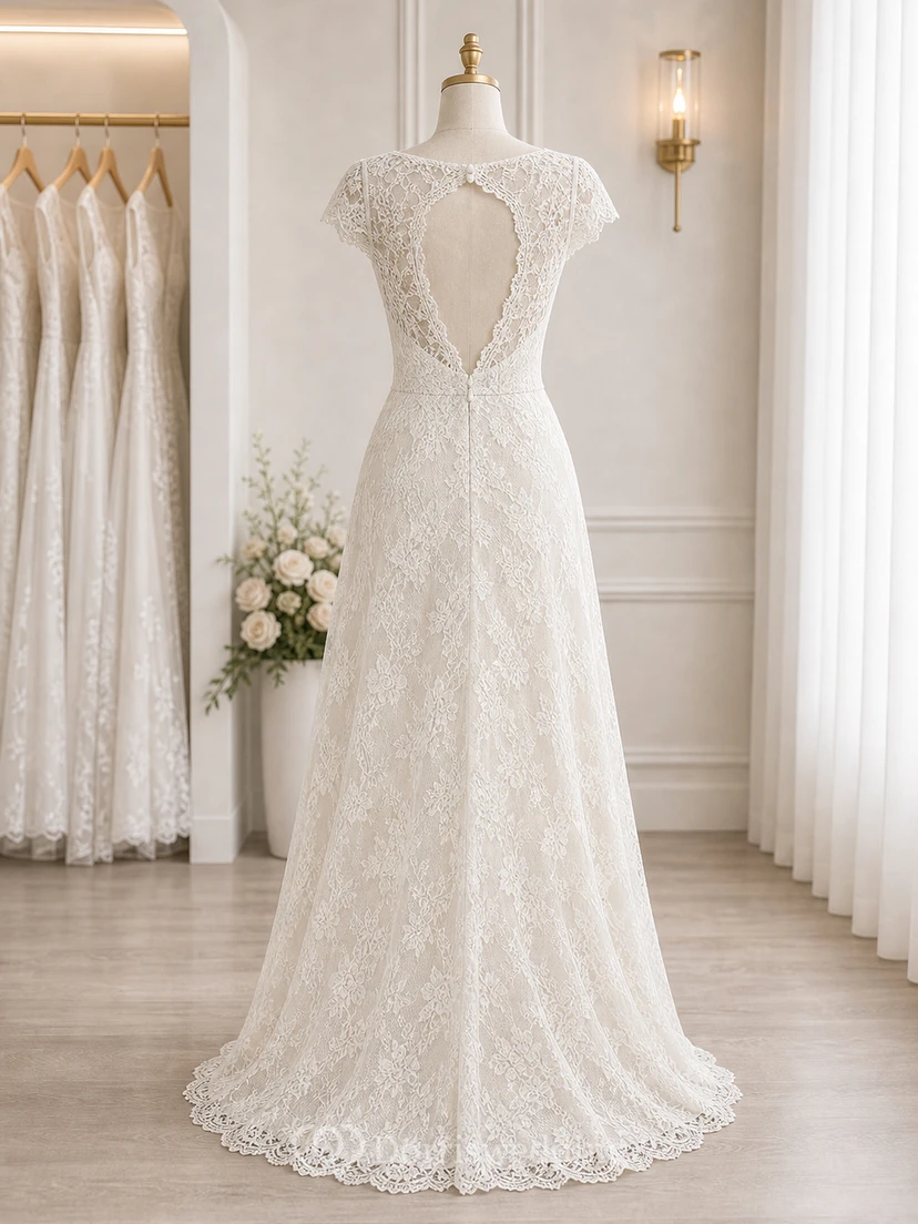 Vintage-Hochzeitskleid mit Spitze und Empire-Kappe in Elfenbeinweiß view 6