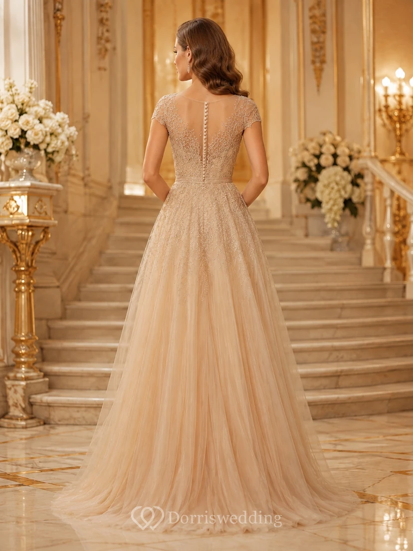 Champagne Cap Sleeve Beaded Lace Tulle A-Line Floor-Length Luxury Formal Evening Gown view 2