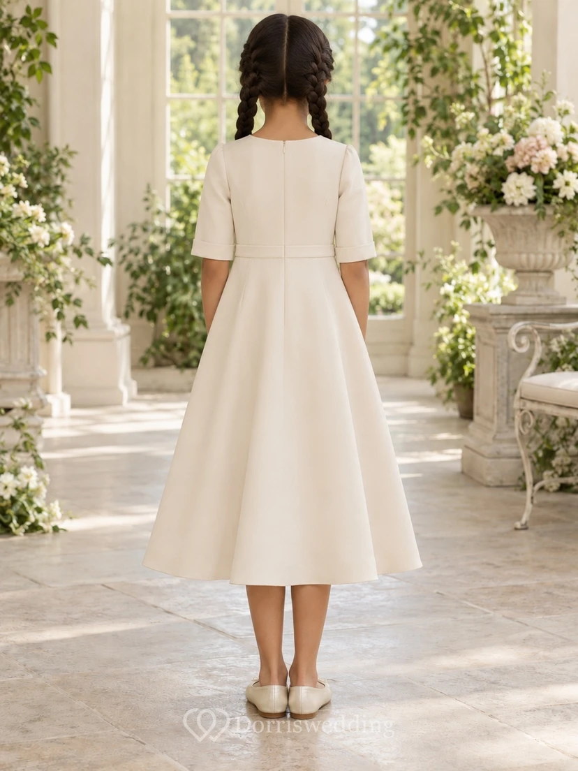 Simple Modest Tea-length Cream Jewel Cuffed Half-sleeve Narrow-waisted Zipper-back Flower Girl Dress view 2