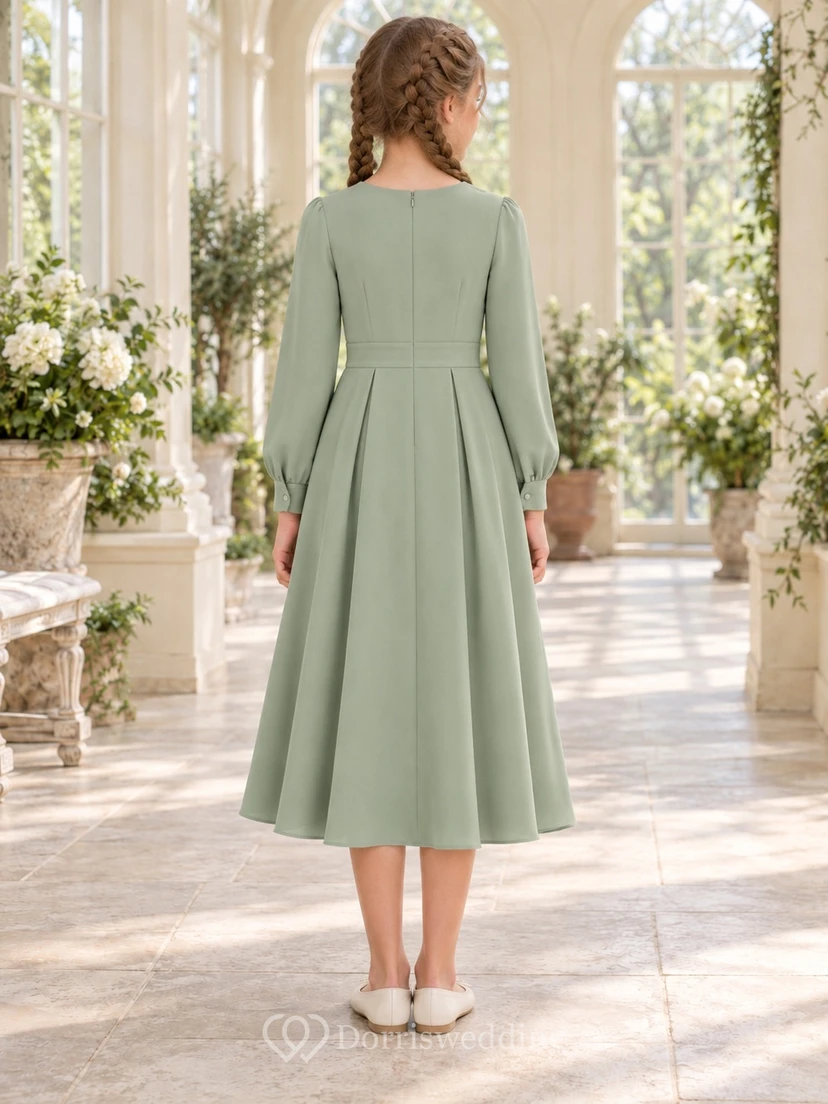 Long Sleeve Simple Modest Tea-length Sage Jewel Button-Cuff Pleated Crepe Sashed A-Line Flowergirl Dress view 2