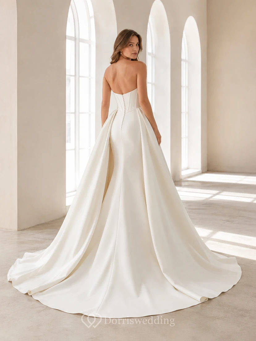 Vestido de novia minimalista de satén estilo sirena, sin tirantes, con cola larga. view 2